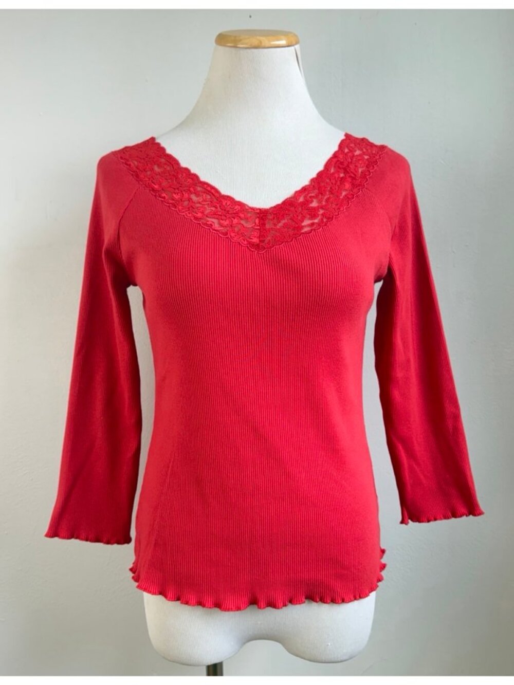 Vintage Ribbed Stretch Knit Cotton Cropped Top Size Small 90s Nine West Red Lace